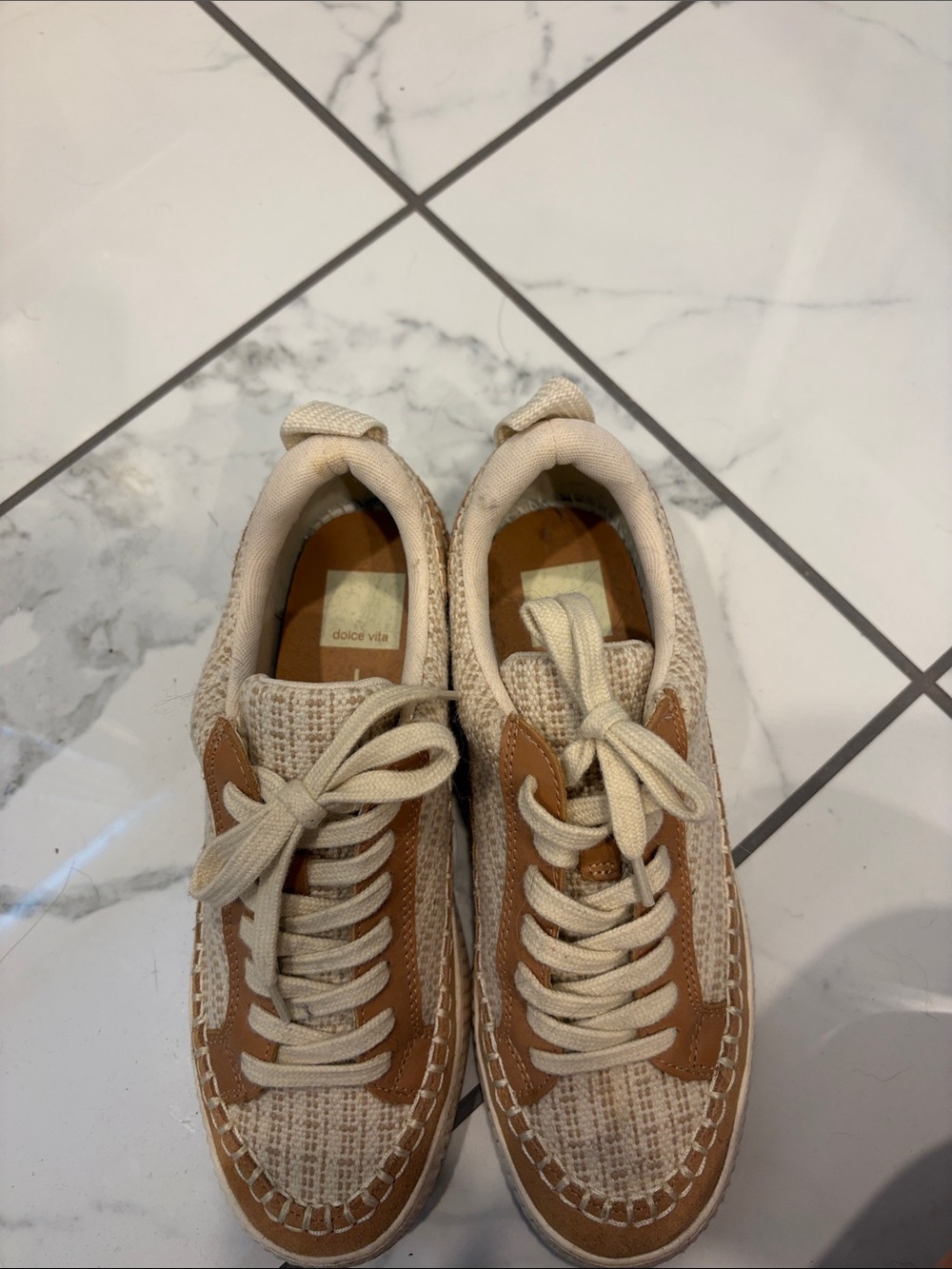Dolce Vita Cream and Tan Woven Lace-Up Sneakers